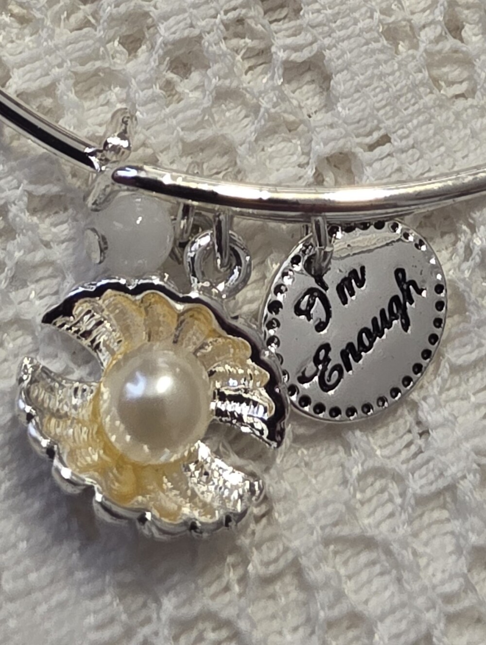 Silver Atine  'I'm Enough' Charm Bangle Bracelet with Yellow Flower Accent